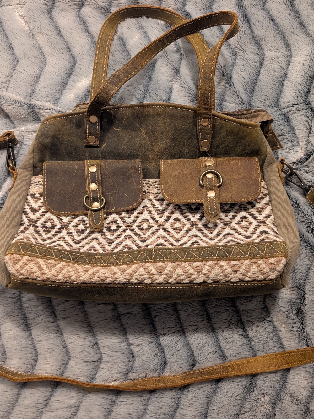 Woven Pattern Olive Green Canvas Tote Bag with Brown Leather Trim